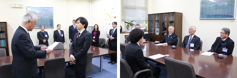 辞令交付式の様子（左）、二見理事長、窪田学長、宇都木事務局長との意見交換（右）