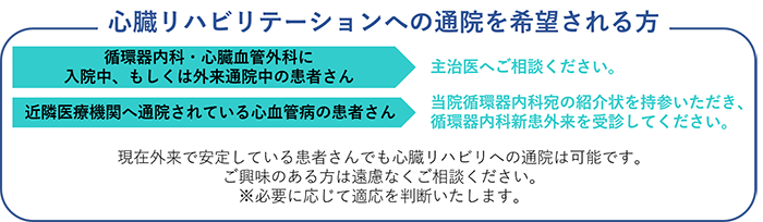 現在外来で安定している患者さんでも心臓リハビリへの通院は可能です。ご興味のある方は遠慮なくご相談ください。