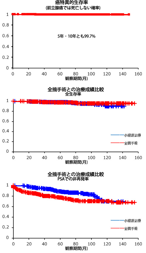 癌特異生存率、全摘種手術の治療成績比較、全摘手術との治療成績比較のグラフ