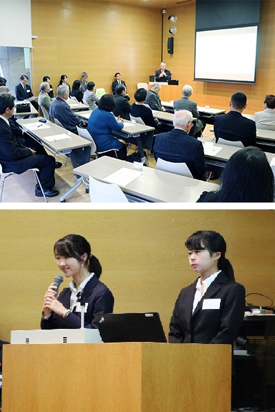 （写真上）窪田学長の開催挨拶、（写真下）YCU留学サポート奨学金受給生の澤さん（左側）木田さん（右側）