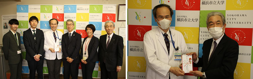 左：富士ゼロックスサービスリンク㈱社員会の皆様と記念撮影　右：後藤病院長（左）と富士ゼロックスサービスリンク㈱三宅社長（右）