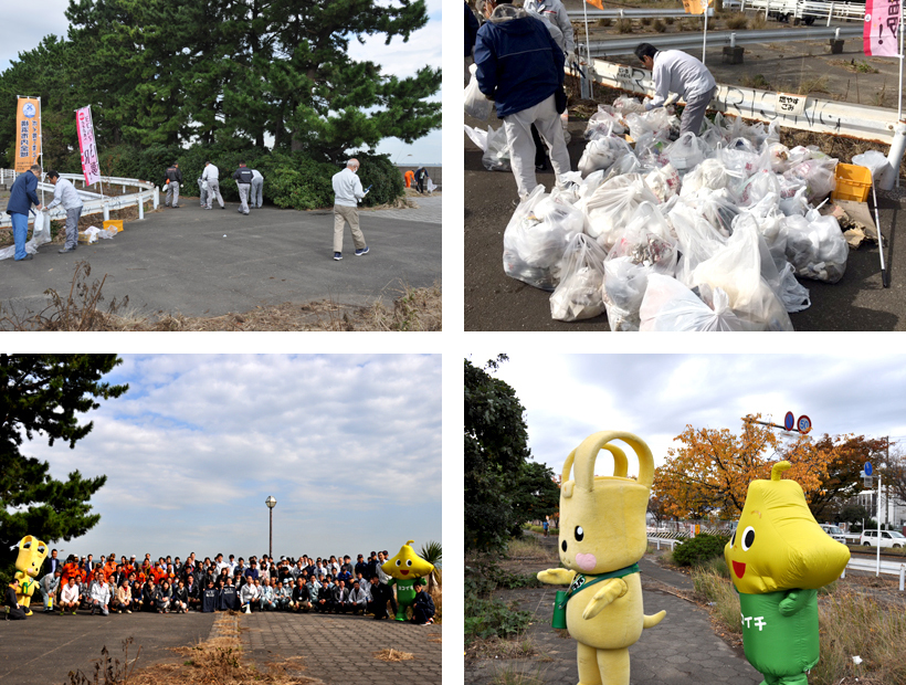 ゴミを集める参加者たち （左上）、回収されたゴミ (右上）、参加者全員で記念撮影（左下）、 資源循環局のマスコット「イーオ」とヨッチー（右下）